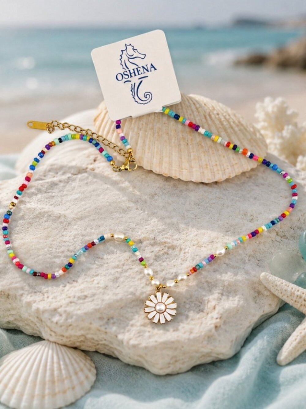 NWT Oshena Bead Necklace Accented with Freshwater Pearls and Daisy Charm